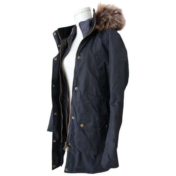 Barbour Thrunton Faux Fur-Trim Waxed Cotton Jacket In Navy Blue Women’s Size 4 - Picture 7 of 13
